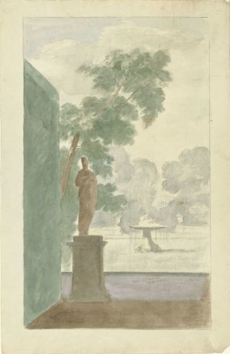 Design for  a Wall Decoration in a Hall: View of a Garden with a Statue, Fountain and Urns