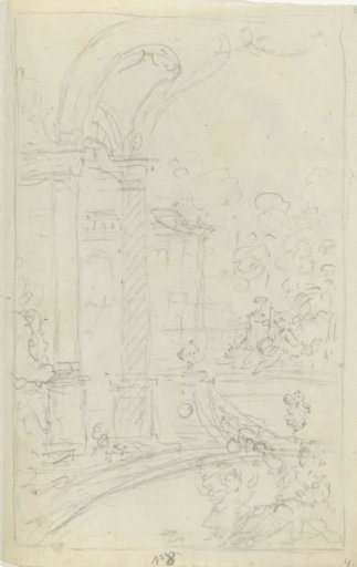 Design sketch of a garden with buildings