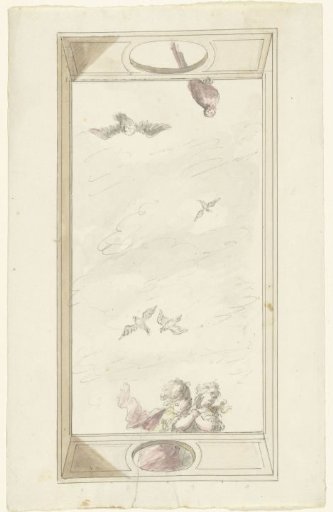Design for a ceiling painting with a balustrade with putti and birds