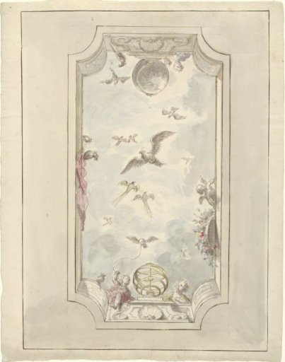 Design for a ceiling painting with a view along a balustrade in the sky with birds