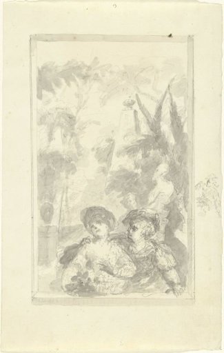 Design for a wall painting: boy and girl with a flower basket