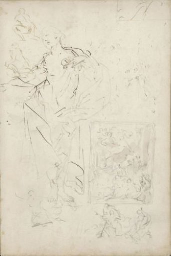 Study sheet, among others with a woman with raised arm