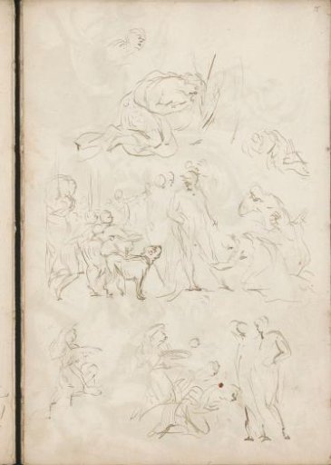 Group of figures bowing and kneeling before a man