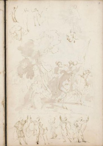 Roman soldiers on horseback and figures with raised arms