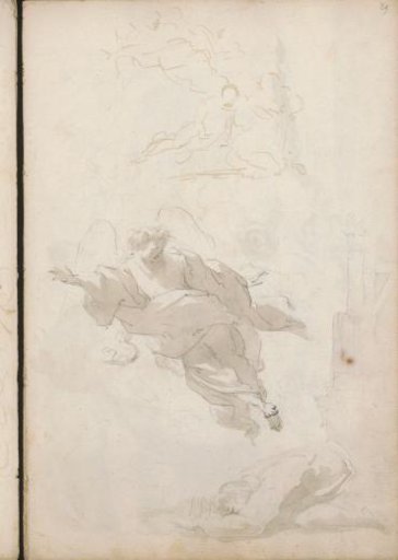 Angel flying above a kneeling man