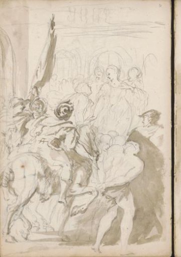 Entry into a city with a man on horseback and a standard-bearer