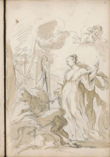 Man with a staff and goat legs sitting before a woman
