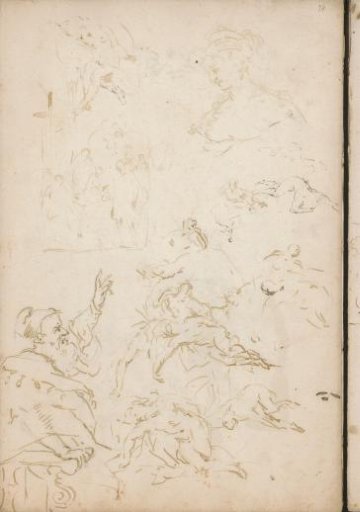 Study sheet with figures, a head, and a composition study