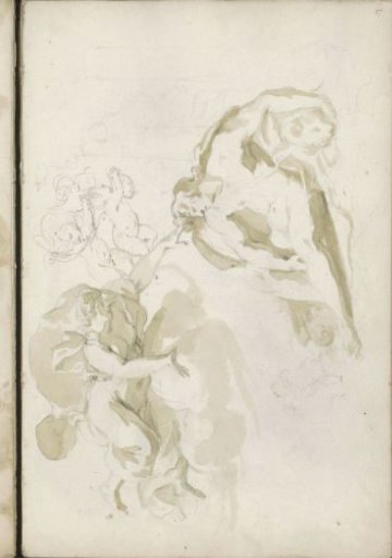 Floating woman, a seated nude man and putti