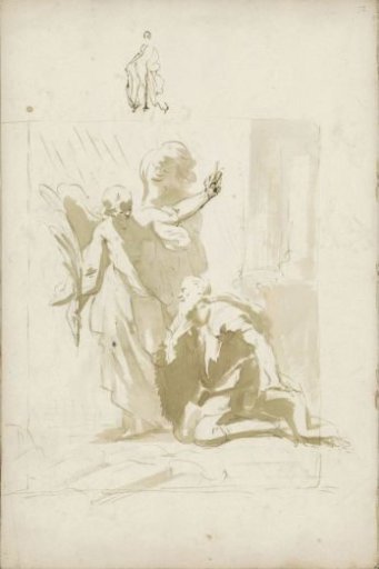 Angel flying above a kneeling man