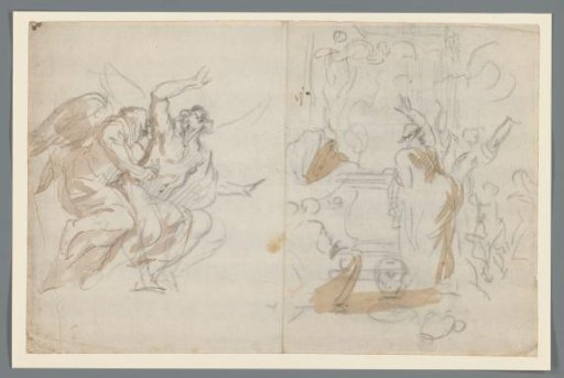 Angel with a man and a figure before an altar