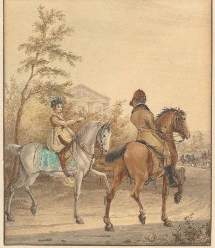 Man and woman on horseback on a country road