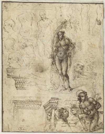 Study Sheet with Heads, Figures, and Architectural Fragments