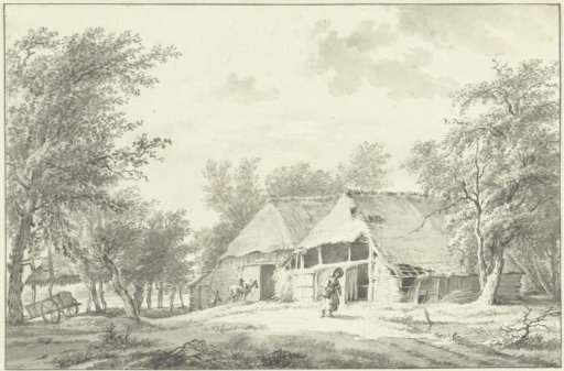 Landscape with farm and woman with basket