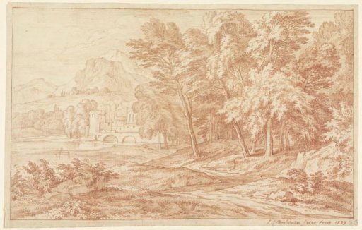 Landscape with river and bridge with round tower