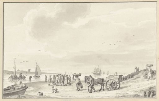 River mouth with fish auction on the beach