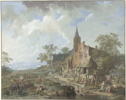 Harvest near a village in a hilly landscape