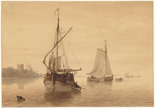 River landscape with a few ships