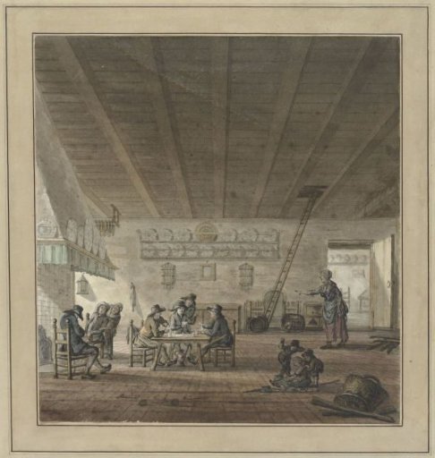 Tavern interior with card players at a fireplace