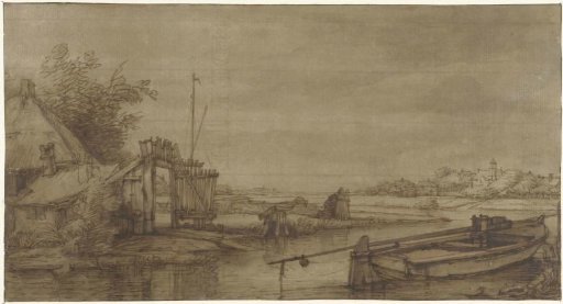 Canal view with farmhouse and moored boat