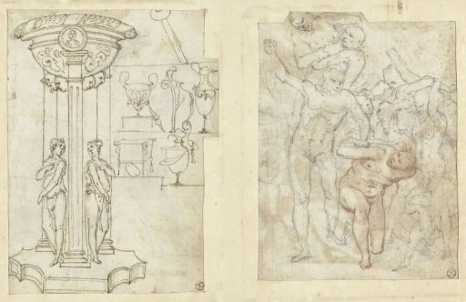 Decorative objects and a sketch of a group of the damned