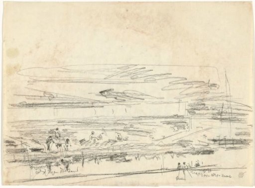 Landscape with workers in the fields, with color notes