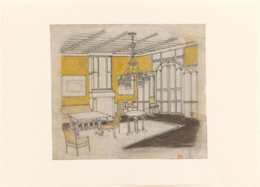 Design for an interior with two tables and five chairs