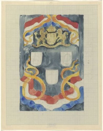 Decorative design with the national coat of arms, flags and standards