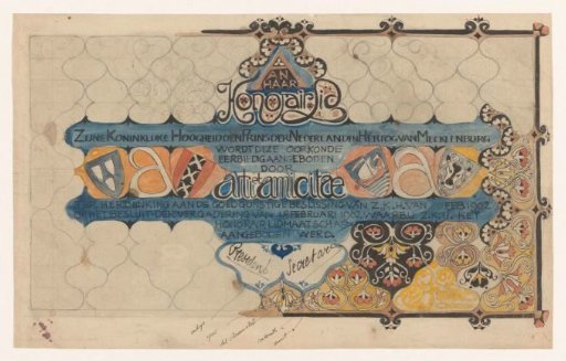 Design for a certificate of Arti et Amicitiae for Prince Hendrik, upon his honorary membership in 1902