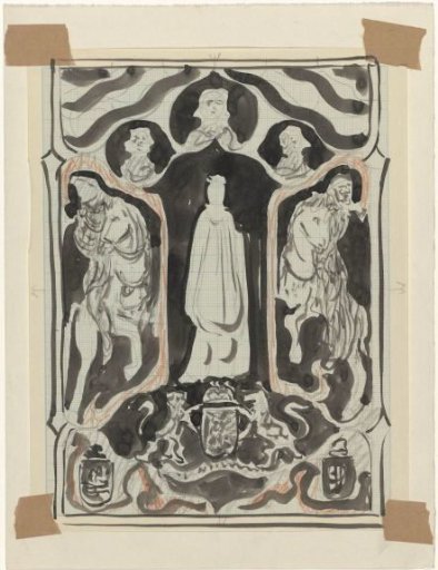 Design with a standing woman with riders on either side