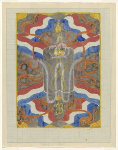 Design with flags, pennants and a crowned W and B