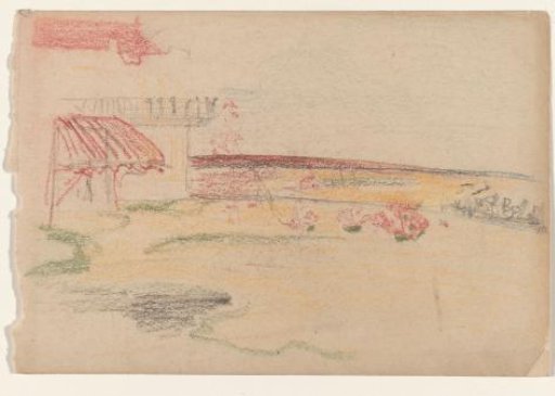 Garden behind a house with an awning