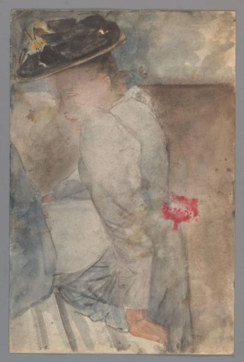 Seated woman with a flat hat, leaning on her left hand
