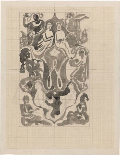 Decorative design with crowned W surrounded by figures