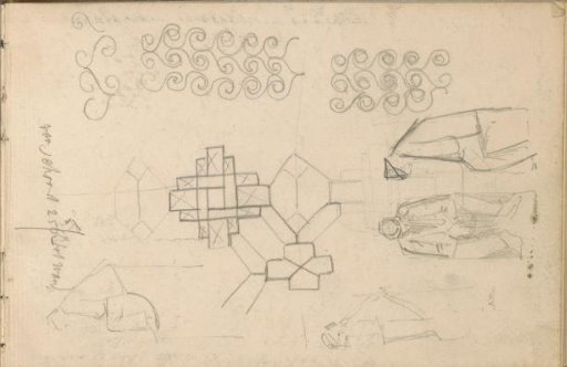 Study sheet, including seated men and geometric motifs