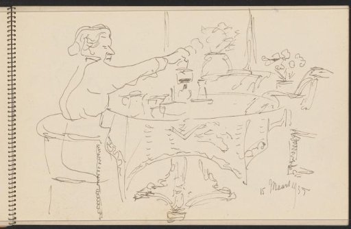 Woman, probably Joanna Lion Cachet-Cordes, seated at a set table