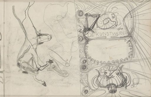 Galloping horses and a design for a cover for 'De Kunstwereld'