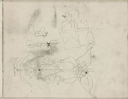 Two seated women and a floral ornament
