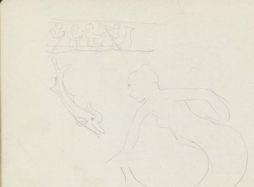 Figures in a rowing boat, a dolphin and a mermaid