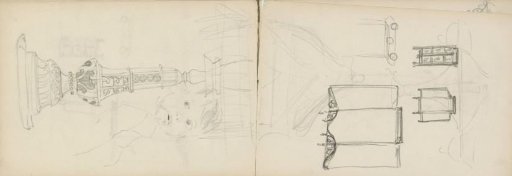 Designs for a lamp base, cabinets and a table