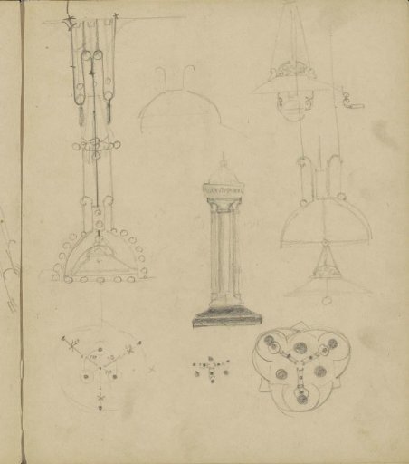 Designs for hanging lamps and a baptismal font