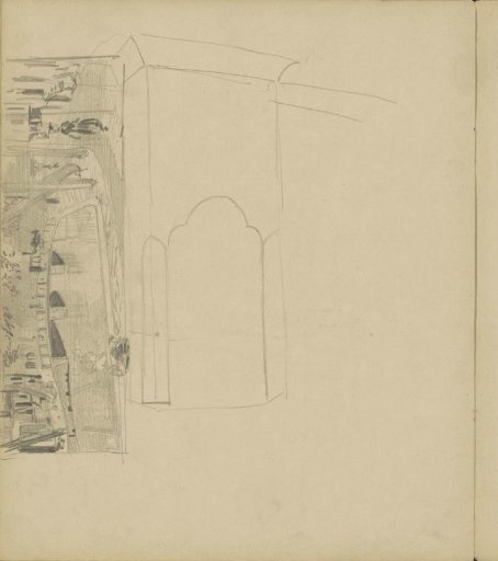 Fireplace and a street with figures and a bridge over a canal