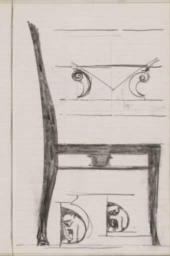 Chair, a decorative capital, and ornaments with an animal