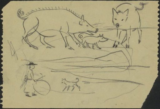 Pigs and a girl with a hat and dog