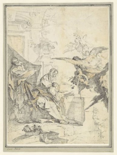 The Holy Family with angels scattering roses