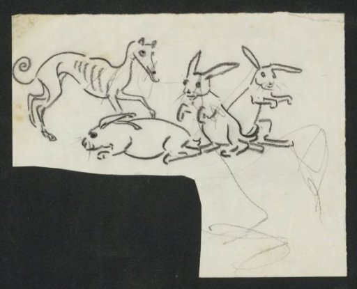 Three rabbits and a hunting dog