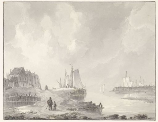 Harbour with old houses on the left, pedestrians in the foreground
