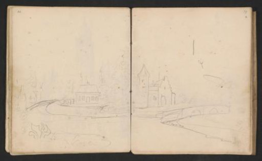 Landscape with buildings along a road