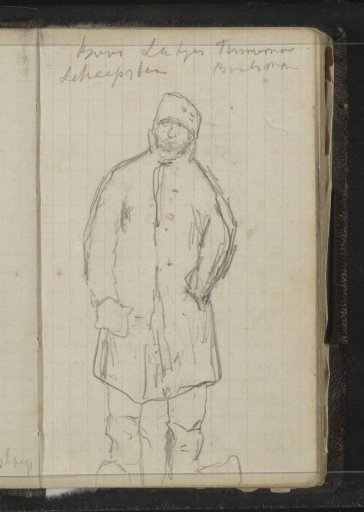 Standing man in a coat, possibly a crew member of the Willem Barentsz