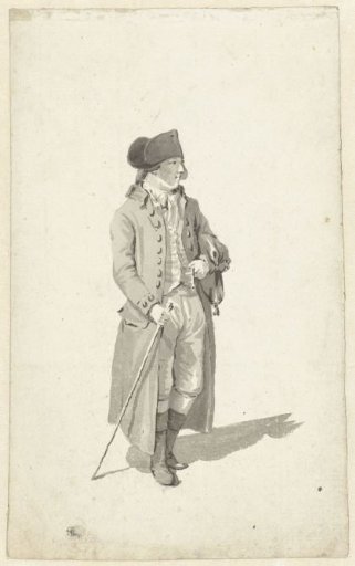 Standing man in long coat with stick